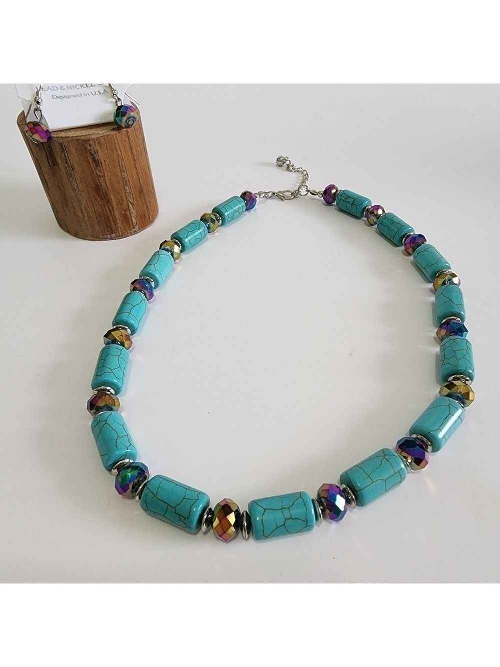 NEW Boho Western Turquoise Iridescent Beaded Necklace Set